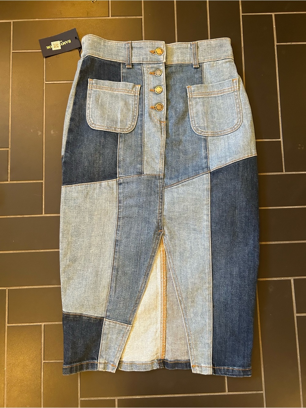 NWT. Ramy Brook Bellami Patchwork Denim Skirt